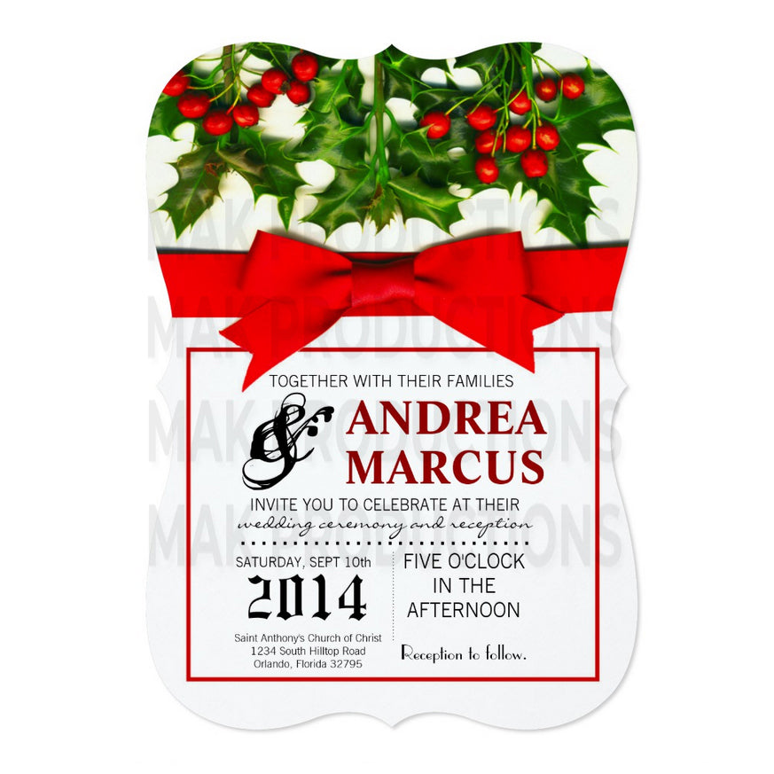 5x7 PRINTED Wedding Invitation - White, Red, and Green Festive Holiday Christmas Holly Bow
