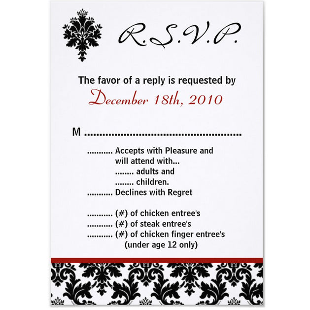 3.5x5 Vertical PRINTED Wedding R.S.V.P. Card - Black, White, and Red Elegant Floral Damask Tile Pattern