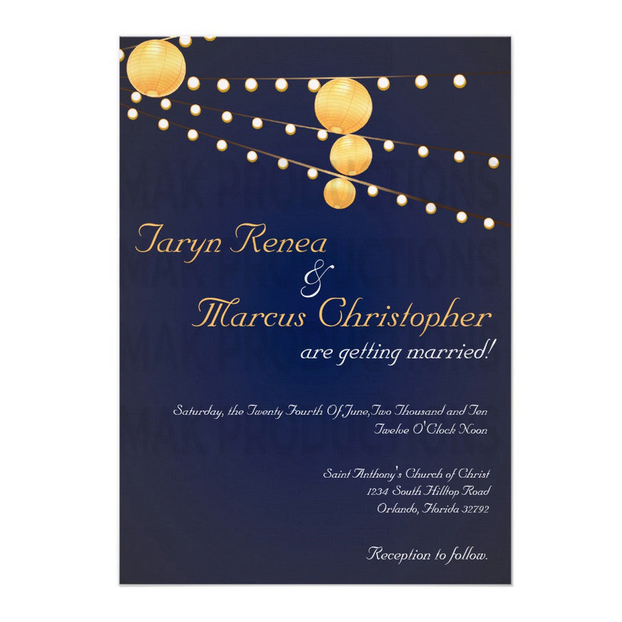 5x7 PRINTED Wedding Invitation - Blue and Yellow Simple String Lights