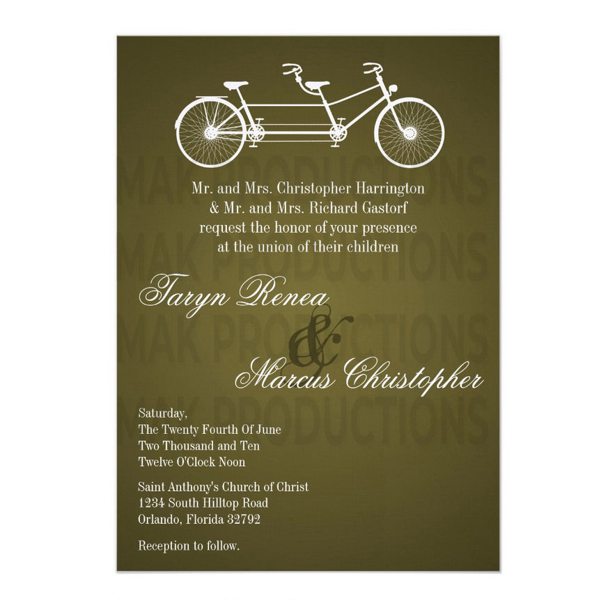 5x7 PRINTED Wedding Invitation - Brown and White Tandem Couples Bicycle