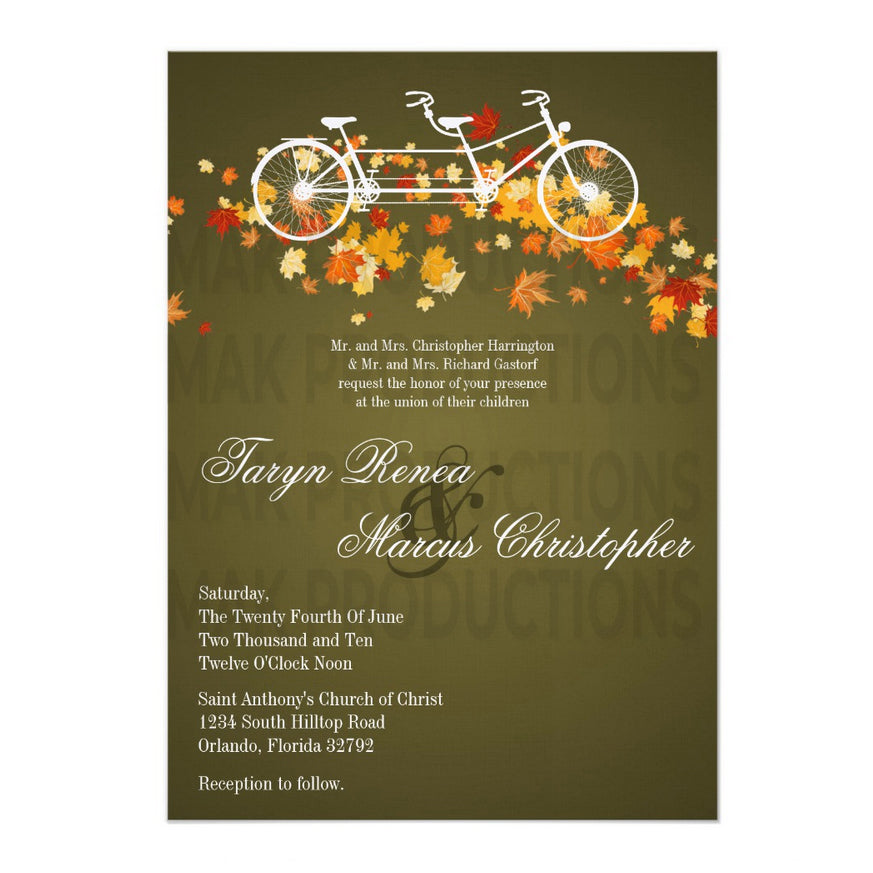 5x7 PRINTED Wedding Invitation - Brown and White Tandem Couples Bicycle Fall Autumn Leaves