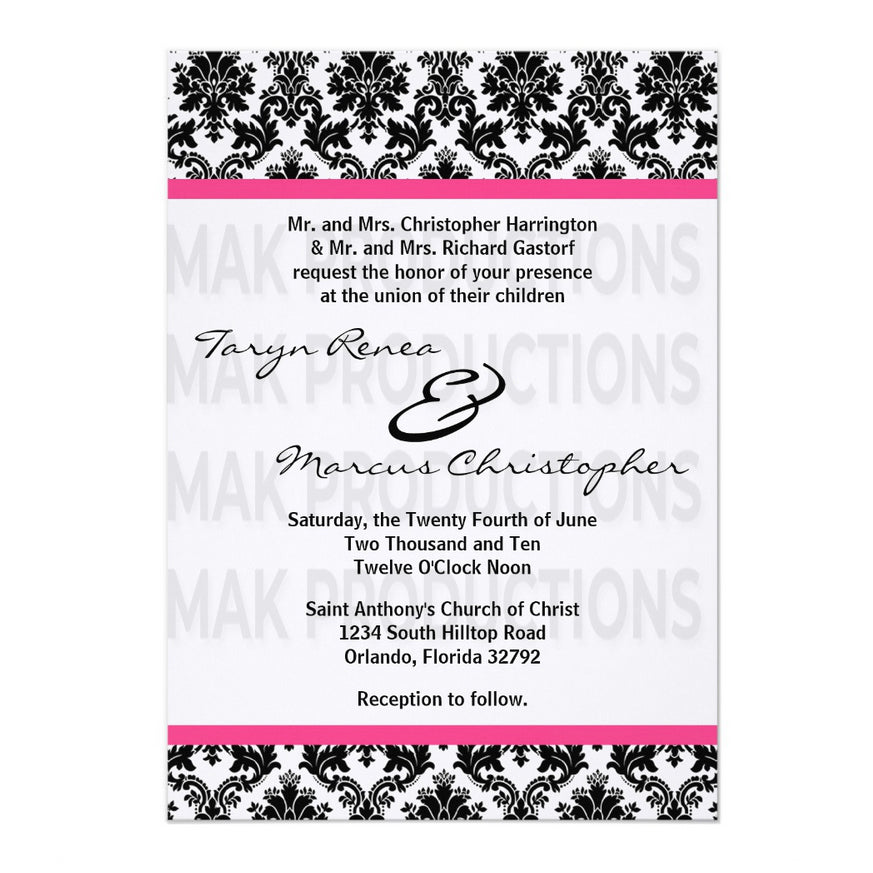 5x7 PRINTED Wedding Invitation - Black, White, and Pink Simple Damask Tile Pattern