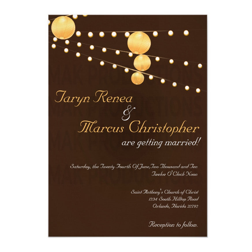 5x7 PRINTED Wedding Invitation - Brown and Yellow Simple String Lights