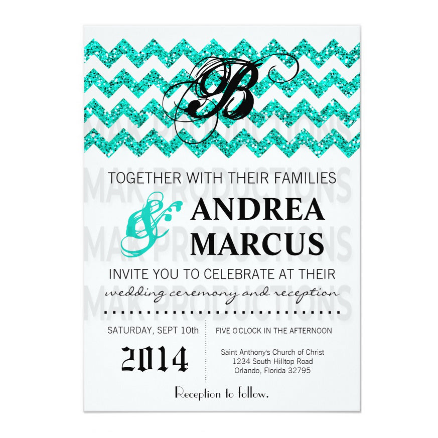 5x7 PRINTED Wedding Invitation - Teal and White Glitter Zig Zag Pattern
