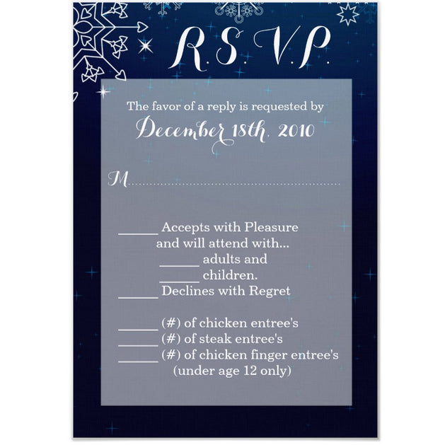3.5x5 Vertical PRINTED Wedding R.S.V.P. Card - Dark Blue and White Winter Snowflakes Snowstorm