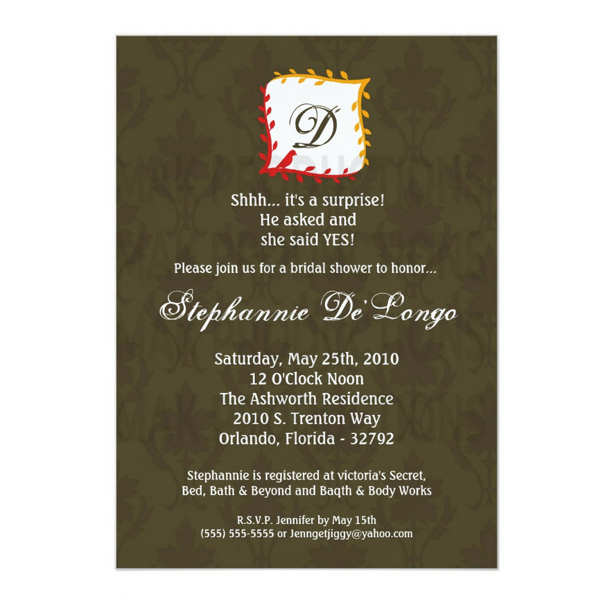 5x7 PRINTED Wedding Invitation - Brown Simple Filigree Damask Pattern