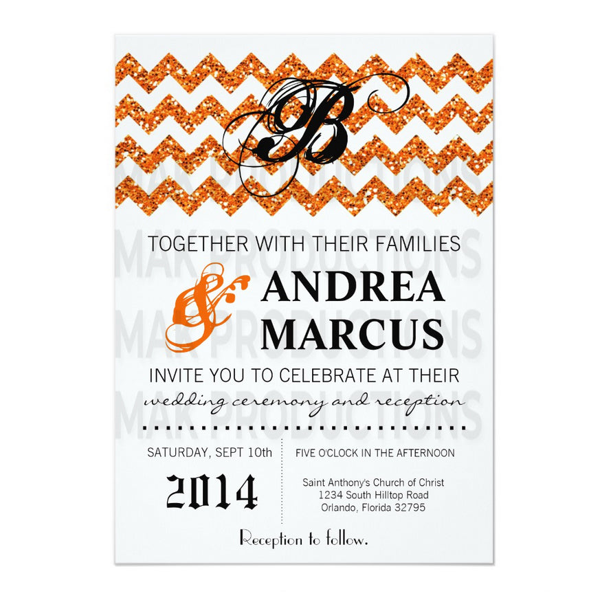 5x7 PRINTED Wedding Invitation - Orange and White Glitter Zig Zag Pattern