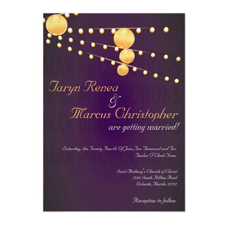 5x7 PRINTED Wedding Invitation - Purple and Yellow Simple String Lights