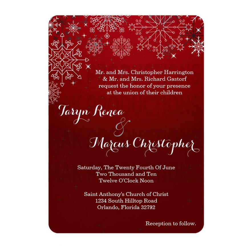 5x7 PRINTED Wedding Invitation -  Red Winter Geometric Snowflakes Ice Snow