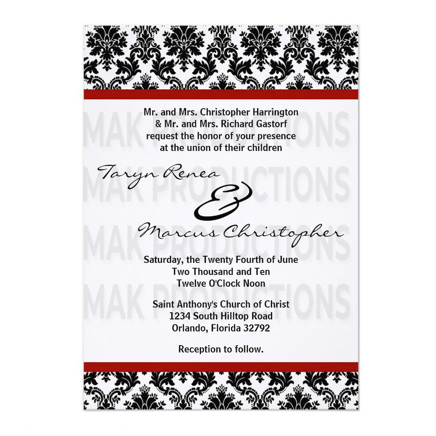 5x7 PRINTED Wedding Invitation - Black, White, and Red Simple Damask Tile Pattern