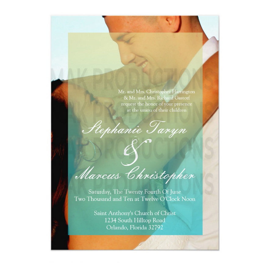5x7 PRINTED Wedding Invitation - Blue Couples Embrace Photo Together