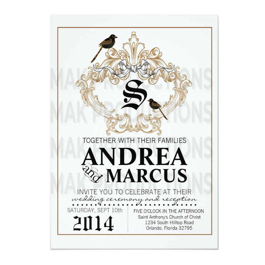 5x7 PRINTED Wedding Invitation - Elegant Formal Couple Black Birds