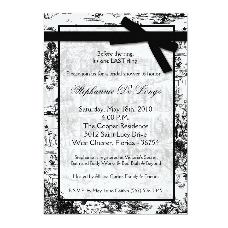5x7 PRINTED Wedding Invitation - White and Black French Countryside Toile Pattern