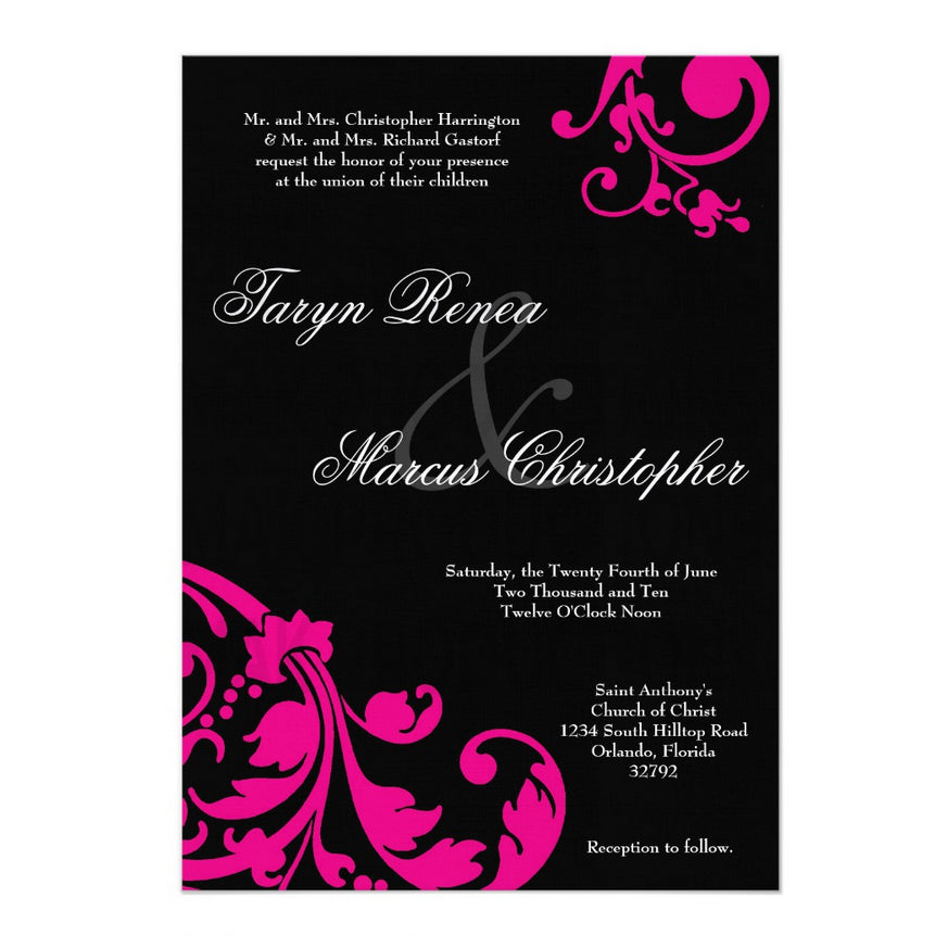 5x7 PRINTED Wedding Invitation - Black and Hot Pink Filigree Floral Fancy