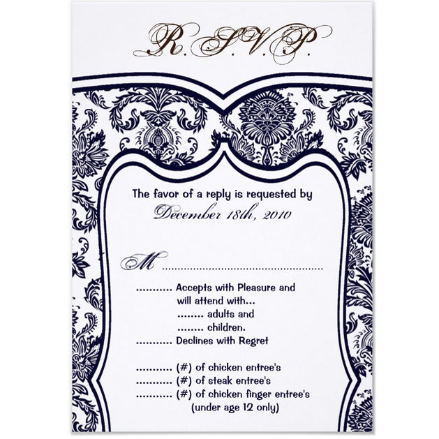 3.5x5 Vertical PRINTED Wedding R.S.V.P. Card - Black and White Elegant Floral Damask Tile Patter