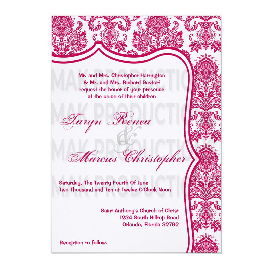 5x7 PRINTED Wedding Invitation - Hot Pink and White Simple Elegant Damask Tile Pattern