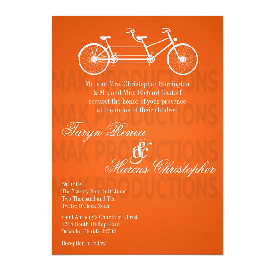 5x7 PRINTED Wedding Invitation - Orange and White Tandem Couples Bicycle