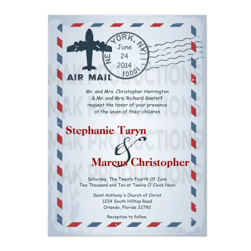 5x7 PRINTED Wedding Invitation - White Airplane Travel Voucher