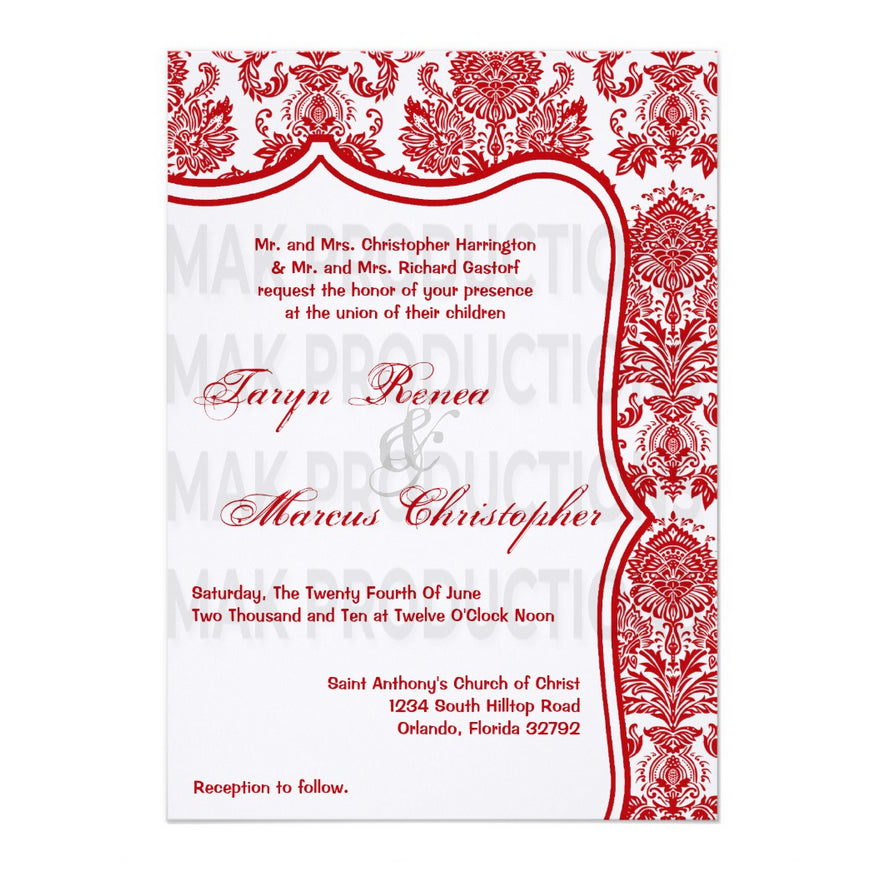 5x7 PRINTED Wedding Invitation - White and Red Simple Elegant Damask Tile Pattern