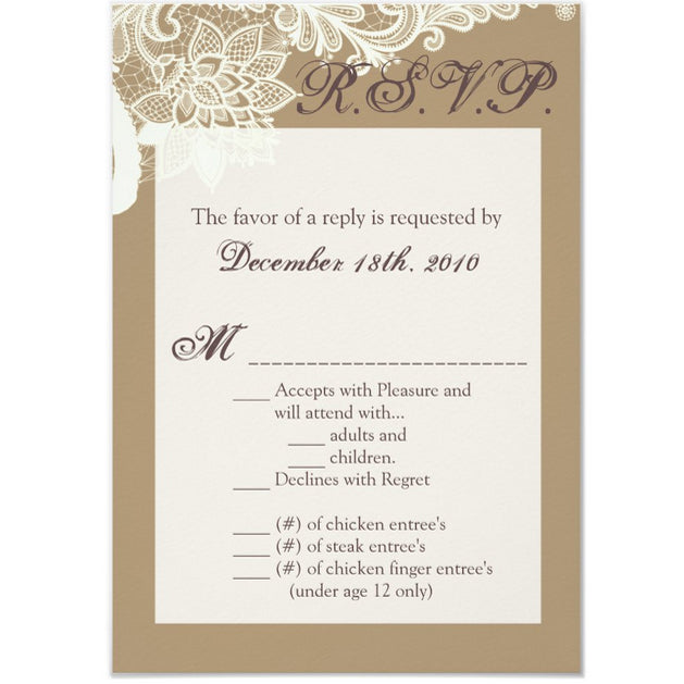 3.5x5 Vertical PRINTED Wedding R.S.V.P. Card - Tan and White Floral Filigree Corner Elegant