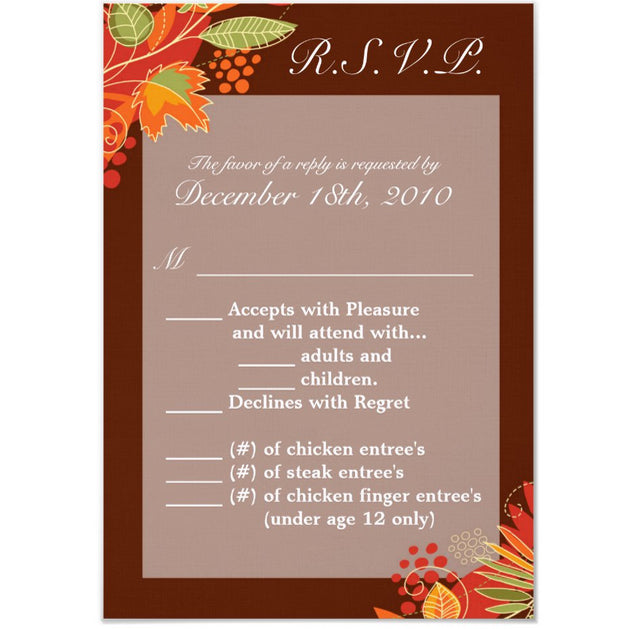 3.5x5 Vertical PRINTED Wedding R.S.V.P. Card - Red and White Colorful Fall Leaves Autmn
