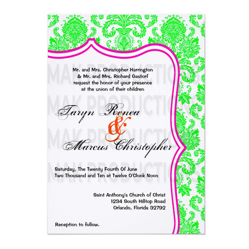 5x7 PRINTED Wedding Invitation - Neon Green and Neon Pink Simple Elegant Damask Tile Pattern