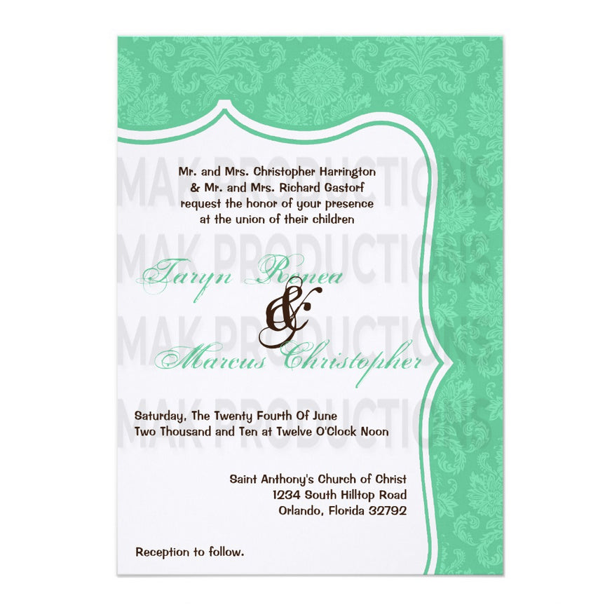 5x7 PRINTED Wedding Invitation - White and Teal Simple Elegant Damask Tile Pattern