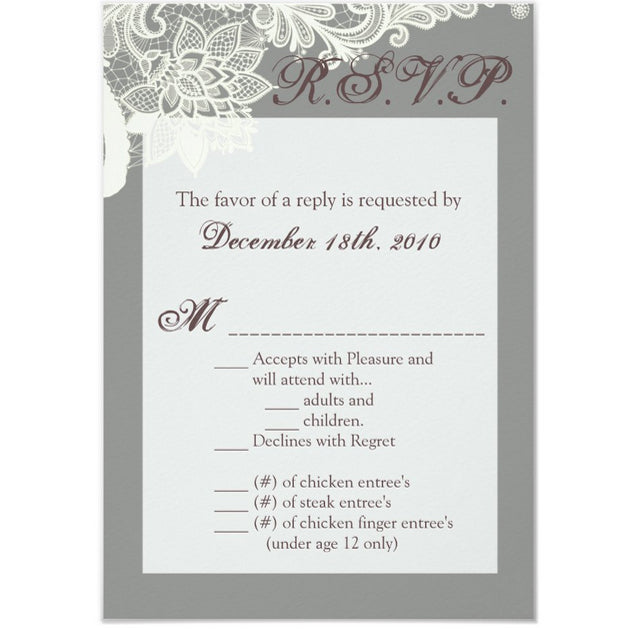 3.5x5 Vertical PRINTED Wedding R.S.V.P. Card - Gray and White Floral Filigree Corner Elegant