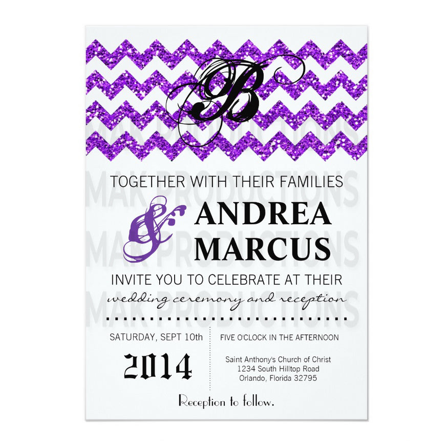 5x7 PRINTED Wedding Invitation - Purple and White Glitter Zig Zag Pattern
