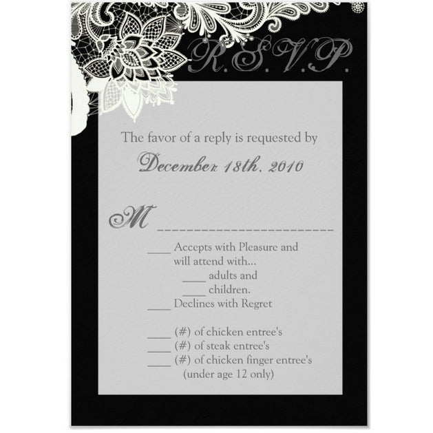 3.5x5 Vertical PRINTED Wedding R.S.V.P. Card - Black and White Floral Filigree Corner Elegant