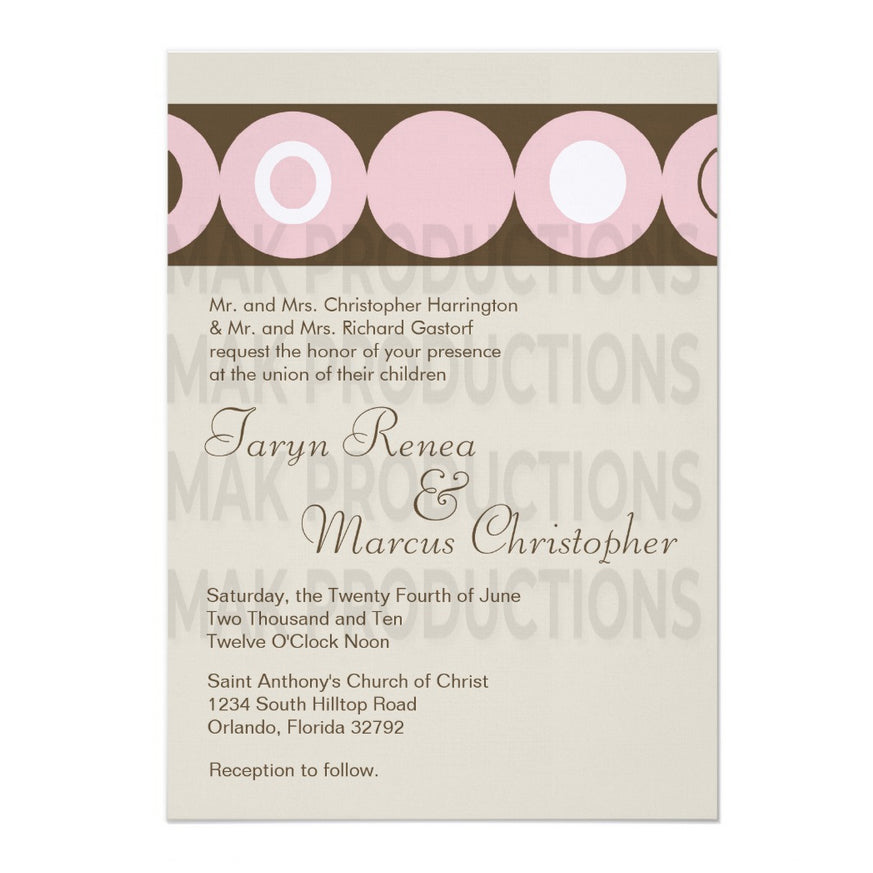 5x7 PRINTED Wedding Invitation - Pink, Brown, and White Simple Circle Pattern