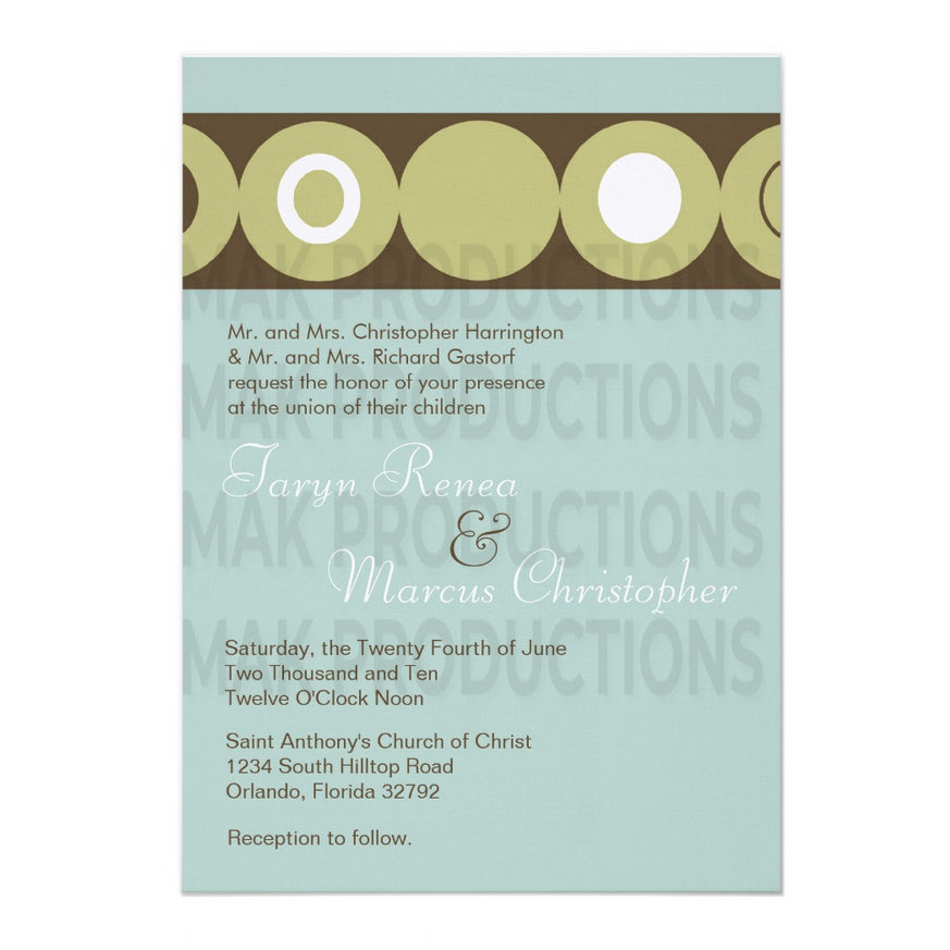 5x7 PRINTED Wedding Invitation - Light Blue, Brown, and Green Simple Circle Pattern