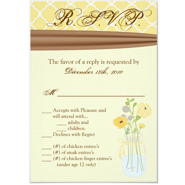 3.5x5 Vertical PRINTED Wedding R.S.V.P. Card - Yellow, Brown, and White Country Flowers Vase
