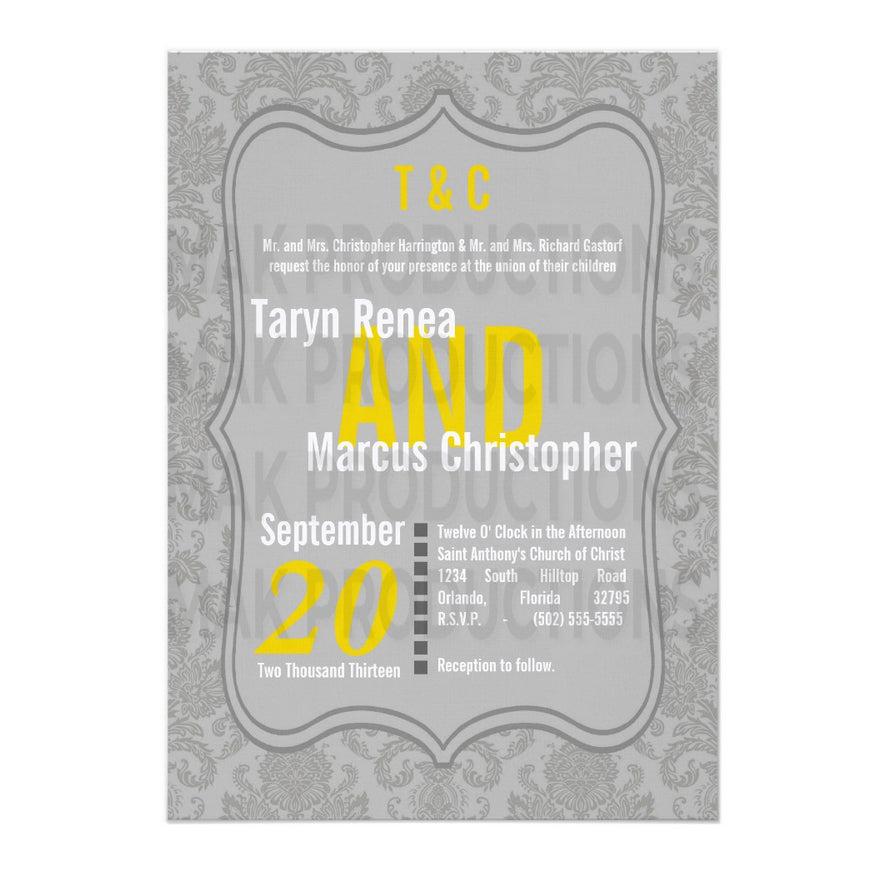 5x7 PRINTED Wedding Invitation - Light Gray and Yellow Simple Elegant Damask Tile