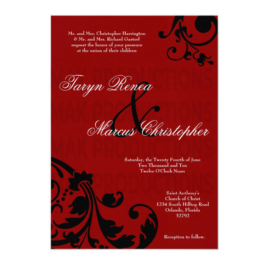 5x7 PRINTED Wedding Invitation - Red and Black Filigree Floral Fancy