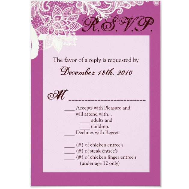 3.5x5 Vertical PRINTED Wedding R.S.V.P. Card - Magenta and White Floral Filigree Corner Elegant