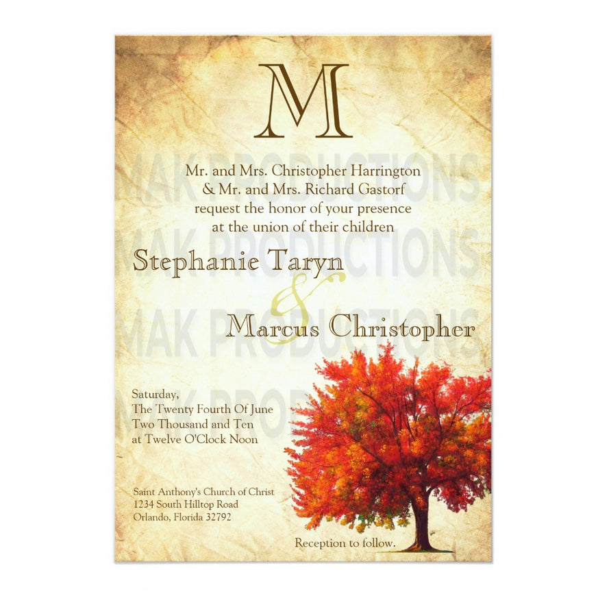 5x7 PRINTED Wedding Invitation - Tan and Red Simple Tree Plant