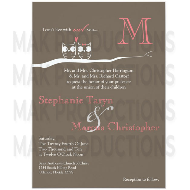 5x7 PRINTED Wedding Invitation - Brown and Pink Love Bird Owls Couple