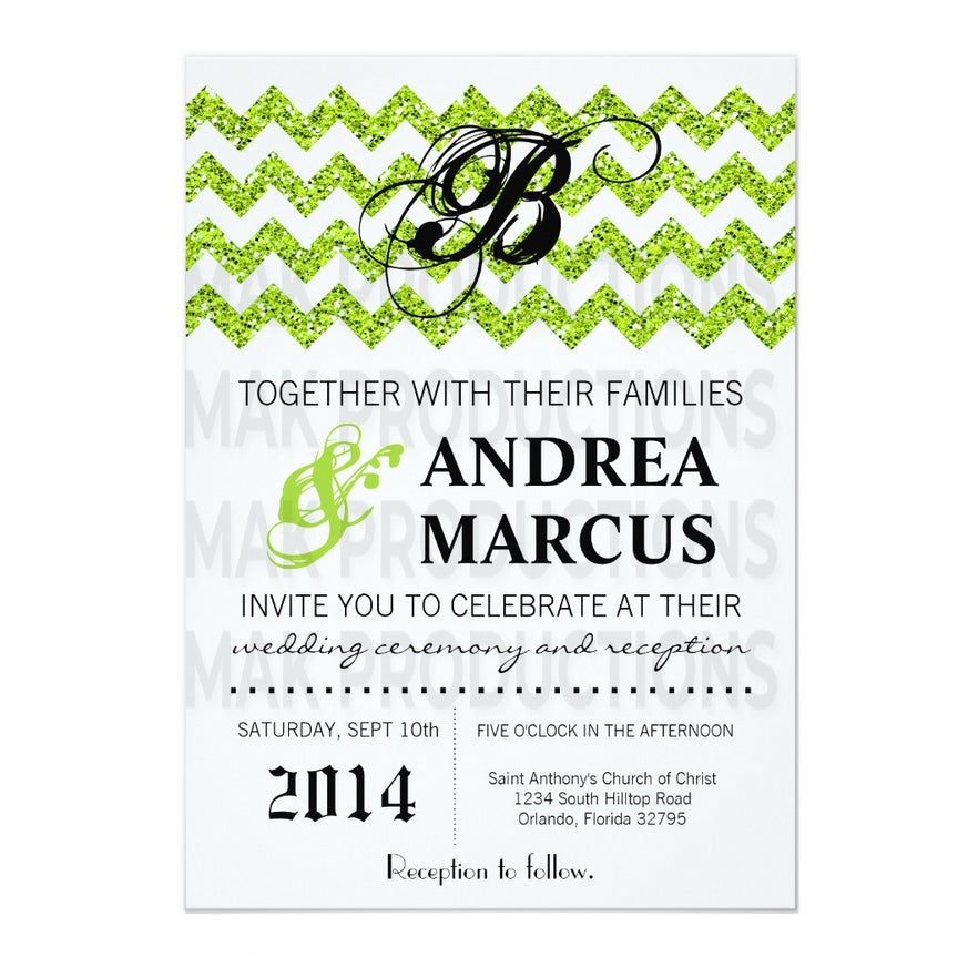 5x7 PRINTED Wedding Invitation - Green and White Glitter Zig Zag Pattern