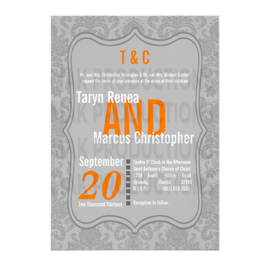 5x7 PRINTED Wedding Invitation - Light Gray and Orange Simple Elegant Damask Tile