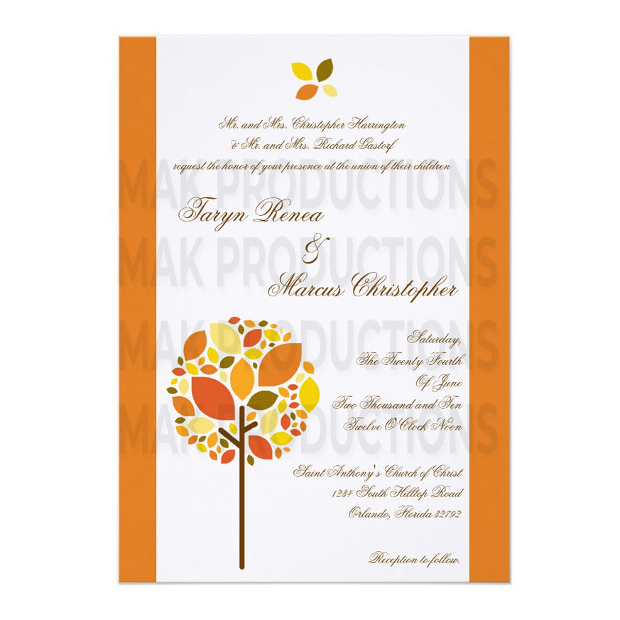 5x7 PRINTED Wedding Invitation - Orange, Yellow, and Brown Abstract Geometric Fall Autmn Tree