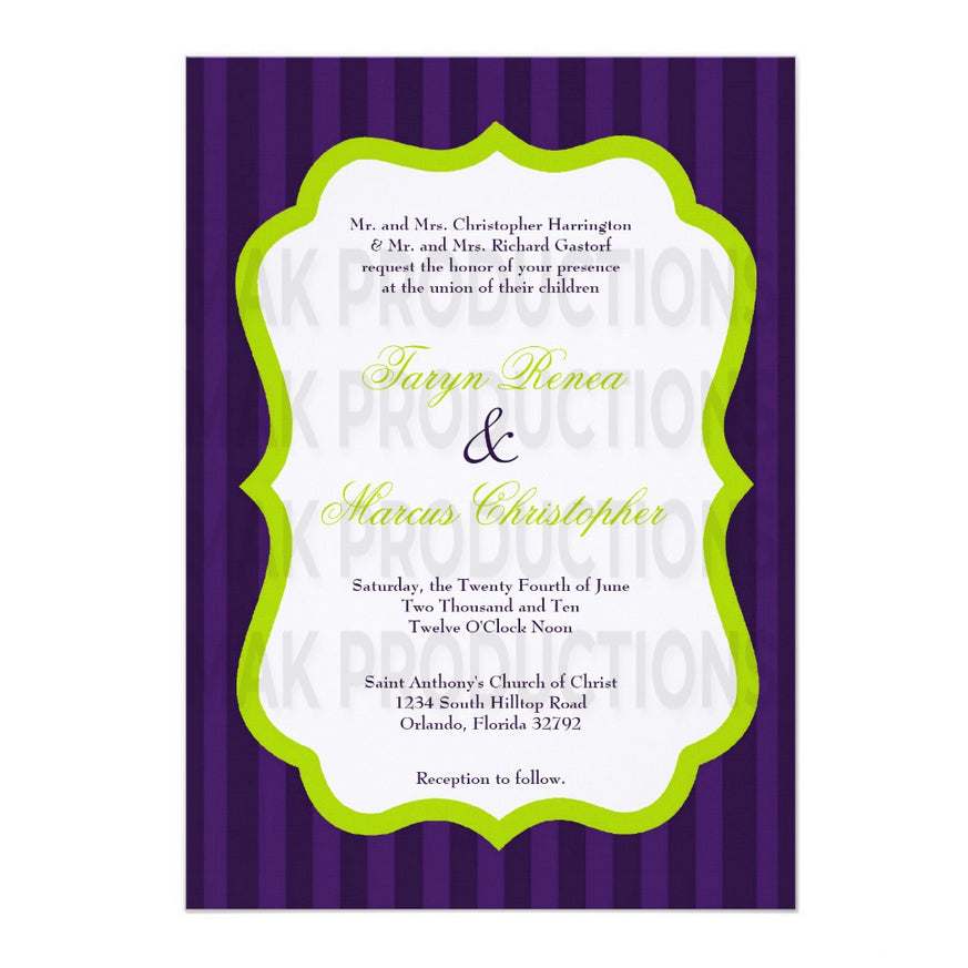 5x7 PRINTED Wedding Invitation - Neon Green, White, and Purple Elegant Border Pin Stripe