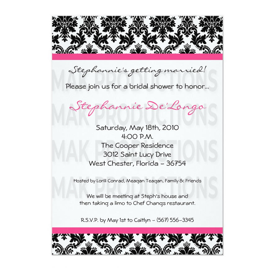5x7 PRINTED Wedding Invitation - Black, White, and Pink Simple Damask Tile Pattern 003