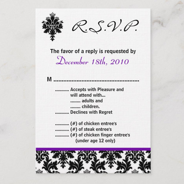 3.5x5 Vertical PRINTED Wedding R.S.V.P. Card - Black, White, and Purple Elegant Floral Damask Tile Pattern