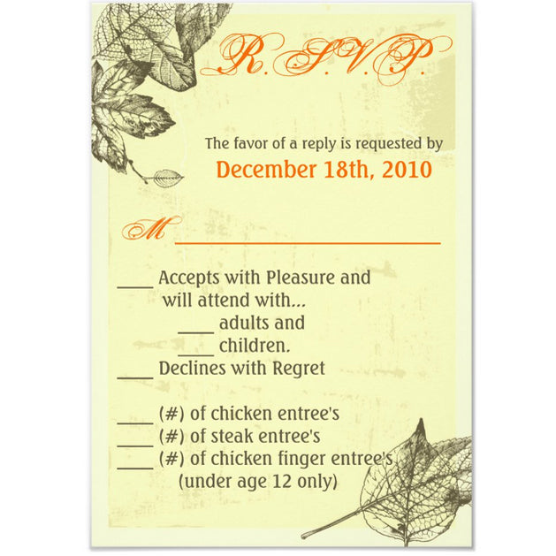 3.5x5 Vertical PRINTED Wedding R.S.V.P. Card - Yellow and Black Leaves Sketch Handdrawn Autumn Fall