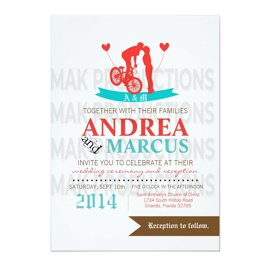5x7 PRINTED Wedding Invitation - Red and Blue Couples Lovers Bike Kiss