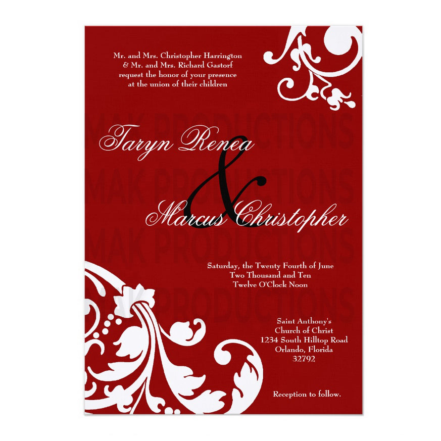 5x7 PRINTED Wedding Invitation - Red and White Filigree Floral Fancy