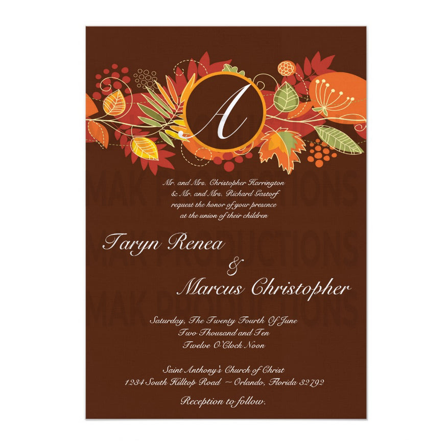 5x7 PRINTED Wedding Invitation - Brown Autmn Fall Leaves Pattern