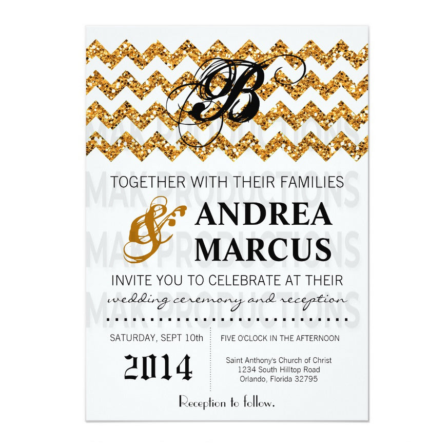 5x7 PRINTED Wedding Invitation - Dark Orange and White Glitter Zig Zag Pattern