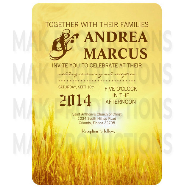 5x7 PRINTED Wedding Invitation - Yellow Simple Wheat Sunny Field